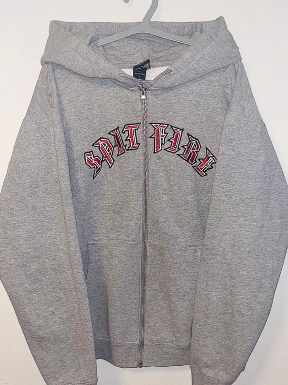Spitfire Gray Zip-Up Hoodie with Red and Black Logo